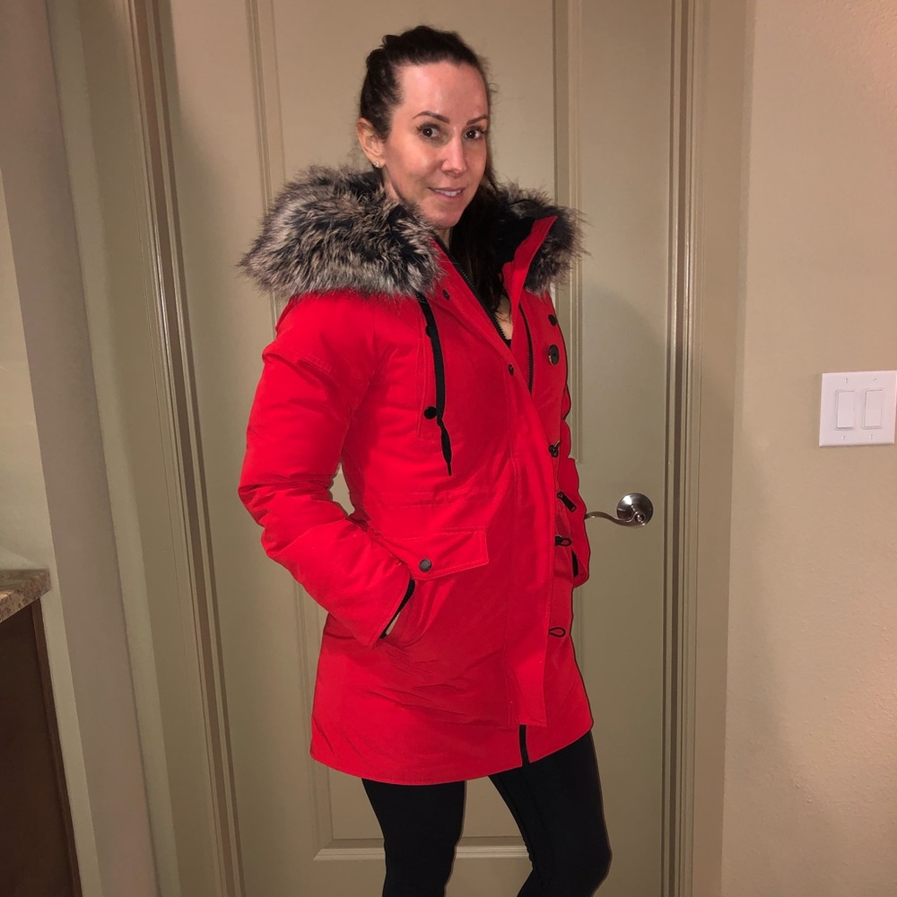 BCBG Women’s Red Snorkel Faux Fur-lined Coat